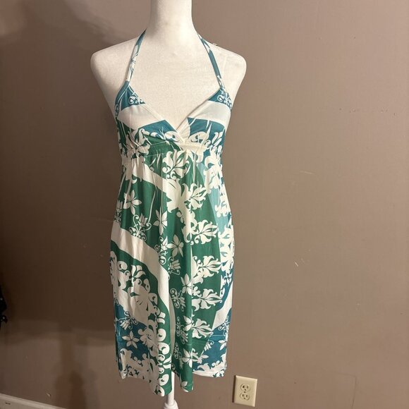 Belize Swim Cover Up Nylon Dress Green White Floral Halter Tie Sz M - Picture 1 of 11